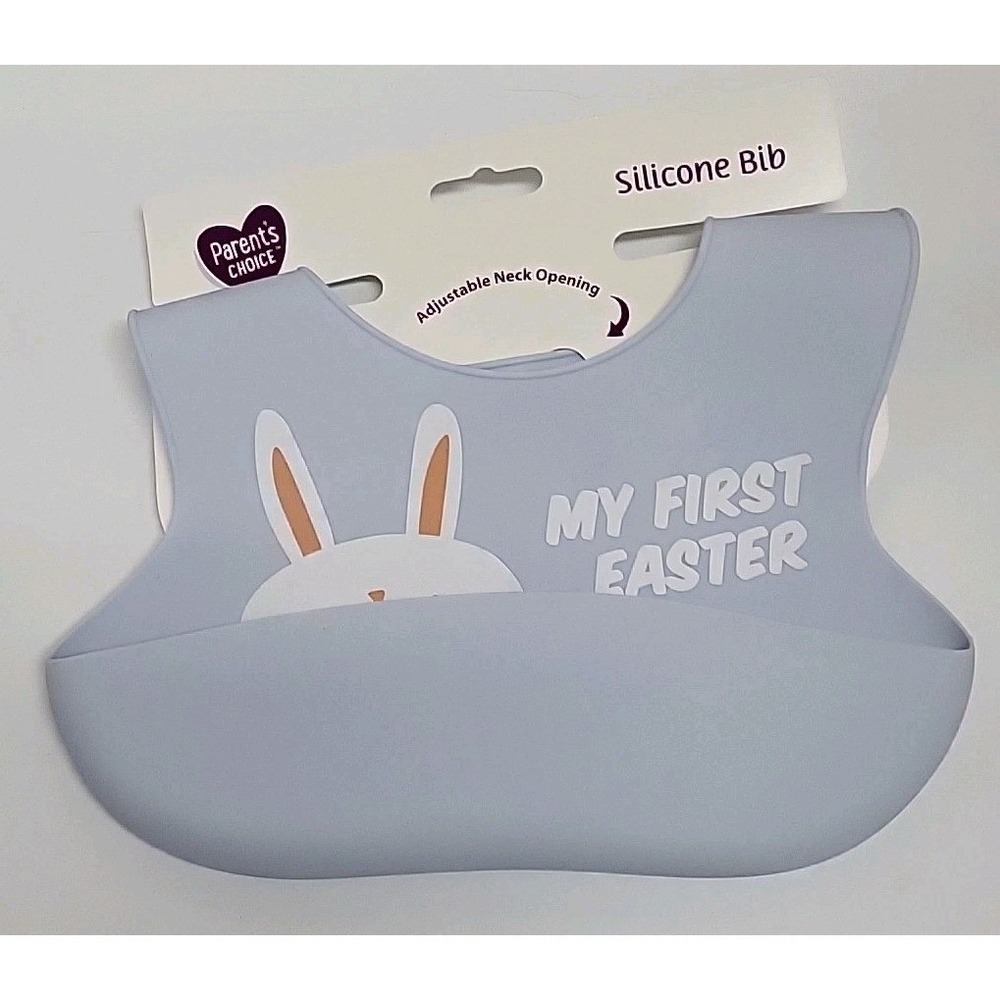 Parents Choice Silicone Light Blue Pocket Baby Bib -‎ My First Easter With Bunny